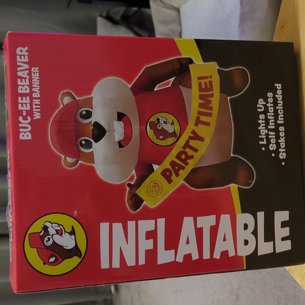 Buc-ee Beaver Inflatable Party Decoration - Red with removable banner.
